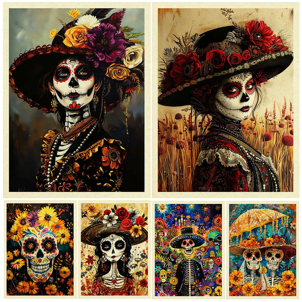 Vibrant Skull Artwork Canvas Print,Unique Mexican Festival Gift Wall Art,Dia De Los Muertos Art Poster Print Home Decoration