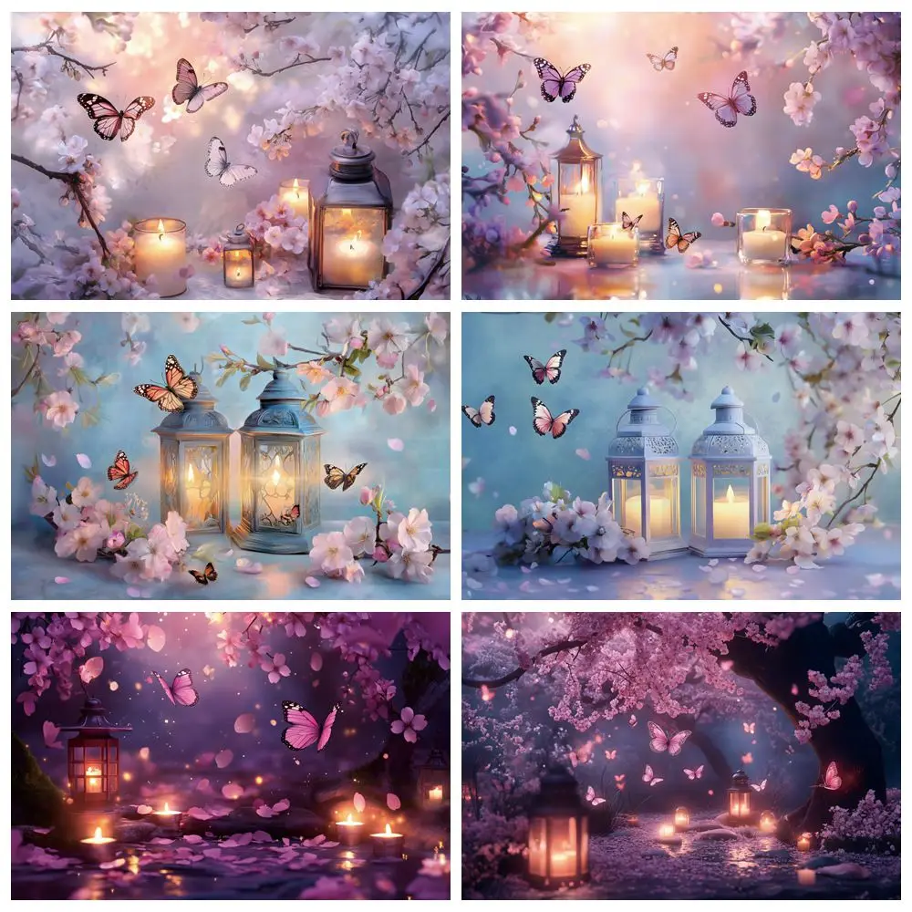 

Girls Birthday Photography Backdrop Purple Flowers Butterfly Candle Lantern Baby Shower Wedding Bride Maternity Photo Background