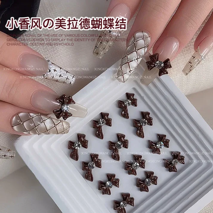 10PCS XXF Maillard Dark Coffee Light Nake Bow Oblique Ribbon Resin Nail Art Rhinestones Jewel Decorations Manicure Ornaments