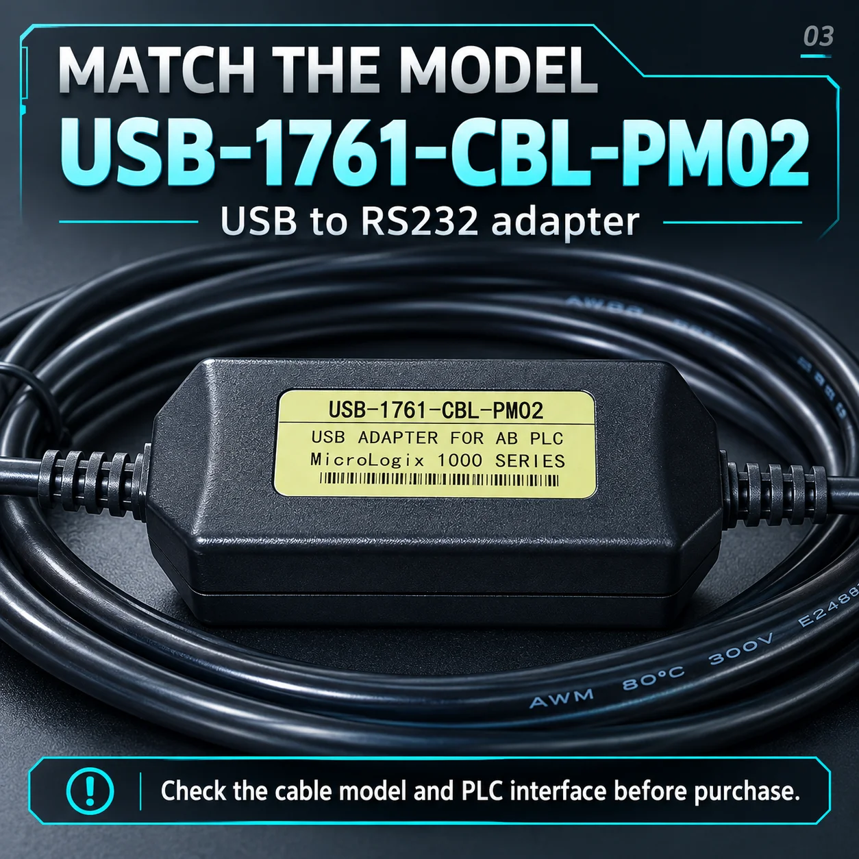 USB-1761-CBL-PM02 USB to 8-Pin Mini DIN Cable 3M for MicroLogix 1000 1200 1400 PLC Programming and Maintenance