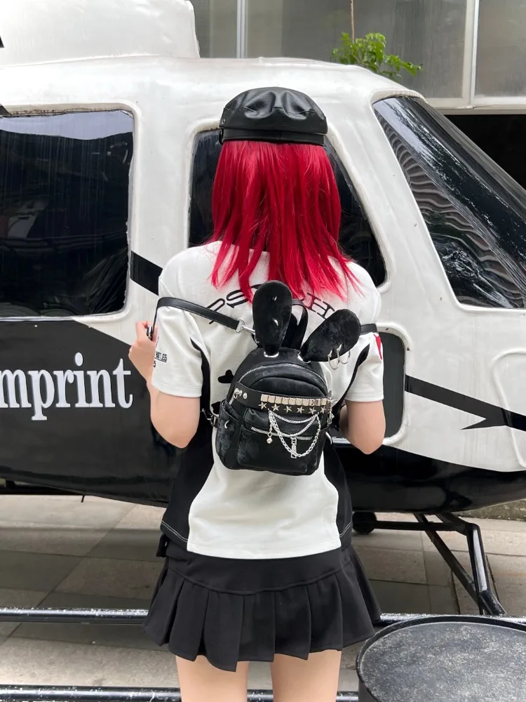 Original Handmade Punk Dark Subculture Rabbit Rivet Backpack Hottie Sweet Cool Schoolbag Versatile Commute Bags for Women view 5