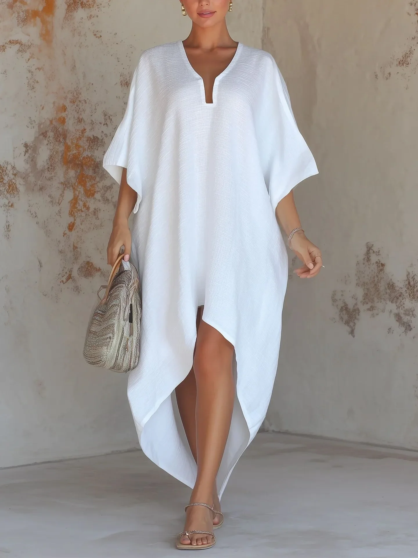 Women's Beachwear Tunic Long Beach V Neck Slit Swimwear Loose Fit Beach Dress Asymmetrical Hem Maxi White Streetwear