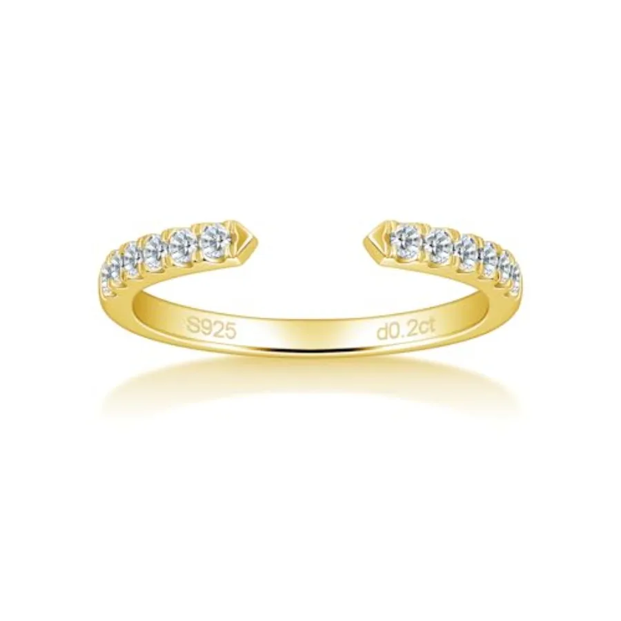 

getlove Moissanite Open Ring for Women White Plated Half Eternity Wedding Band Dainty Adjustable Stackable Rings 925 Sterling E