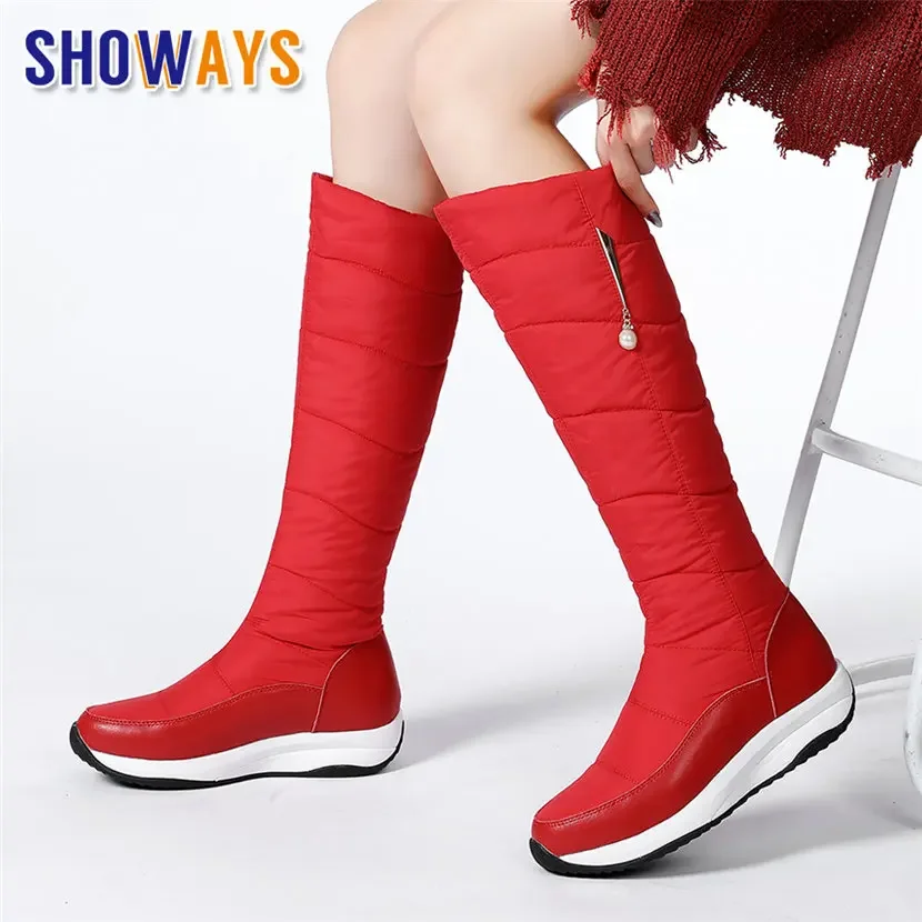 2024 Genuine Leather Women Knee-high Snow Boots Warm Plush Black White Pearl Casual Travel Lady Winter Wedge Platform Long Boots