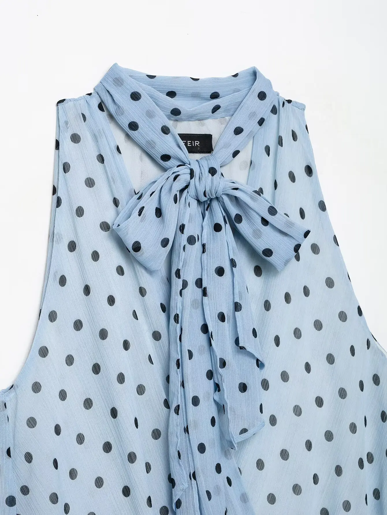 HH Elegante Minimalistische Gepunktete Neckholder-Bluse mit Bindeband, V-Ausschnitt, Ärmellos, Sommer-Oberteil für Business, Freizeit, Büro und Urlaub – Detail 7