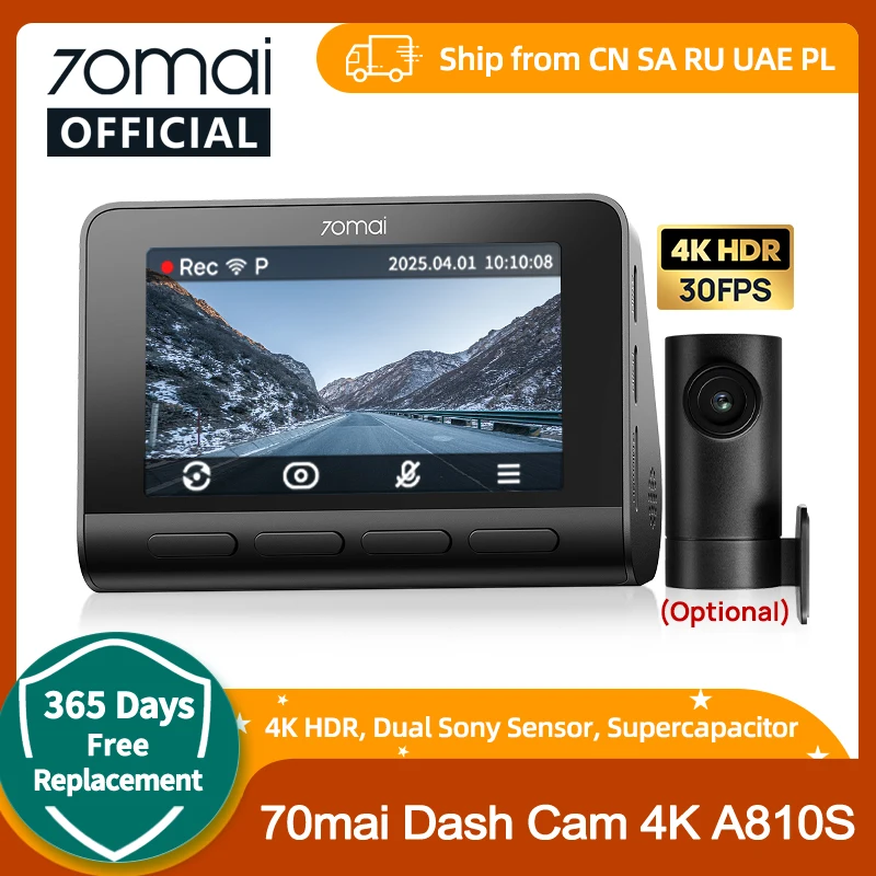 70mai A810S 4K Dash Cam IMX678 Dual HDR Supercapacitor 4G LTE Remote Control Wi-Fi 6 5GHz Voice Control GPS ADAS Car Camera