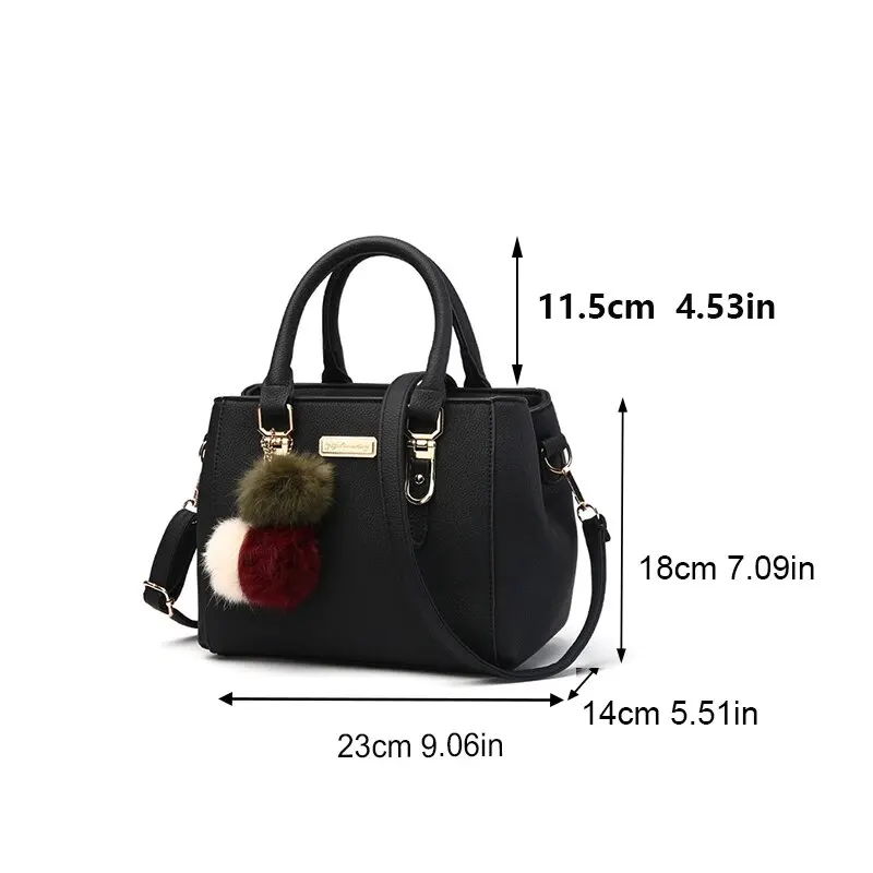 Fashion PU Leather Bucket With Hairball Ornaments Women Handbag Vintage Solid Color Top Handle Shoulder Crossbody Bags