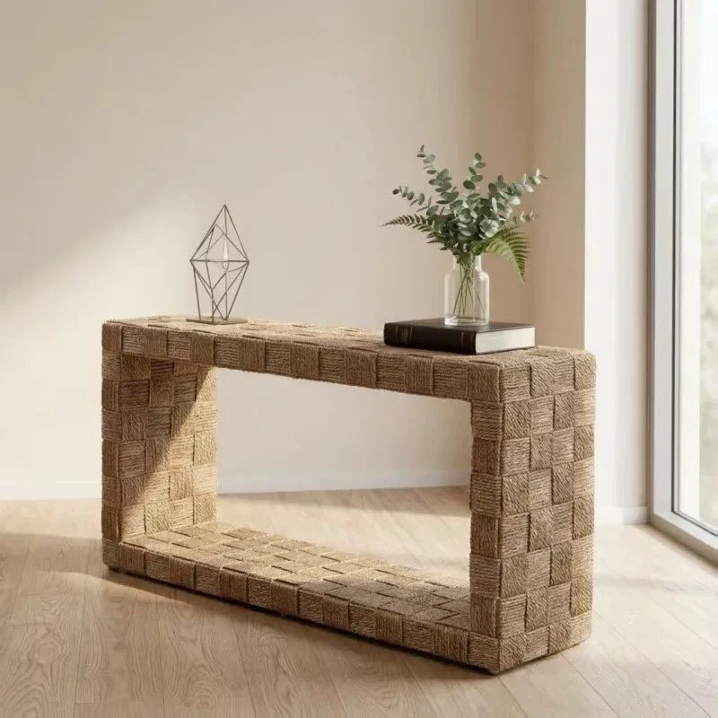 Wabi-sabi wind woven entrance table, modern simple rectangular wall strip case storage designer entrance table end view table
