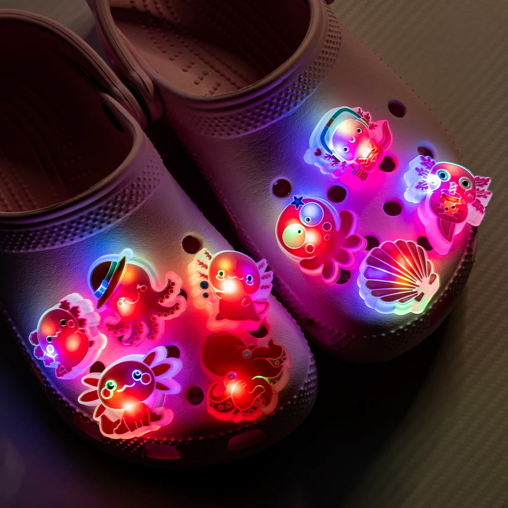 

1/5pcs LED Pink Salamander Shoes Charms Cute Shell Luminous Shoe Decorations Red Squid Clog Accessories for Kids Women