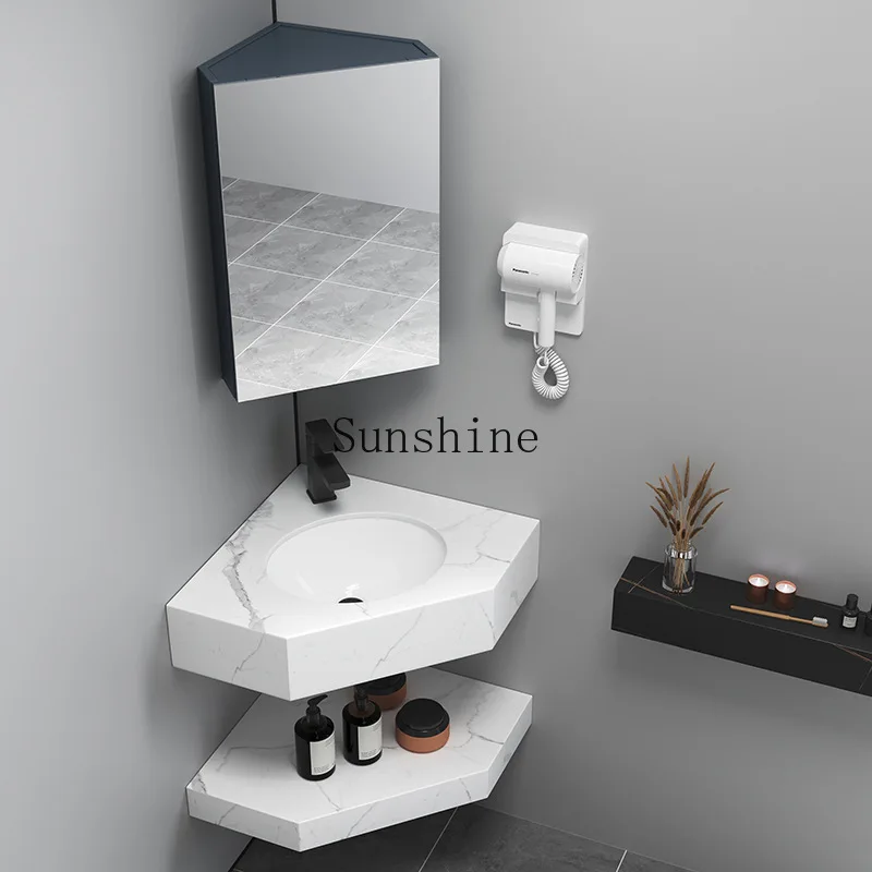 

Light luxury rock slab triangular bathroom cabinet combination small apartment corner, solid wood ceramics