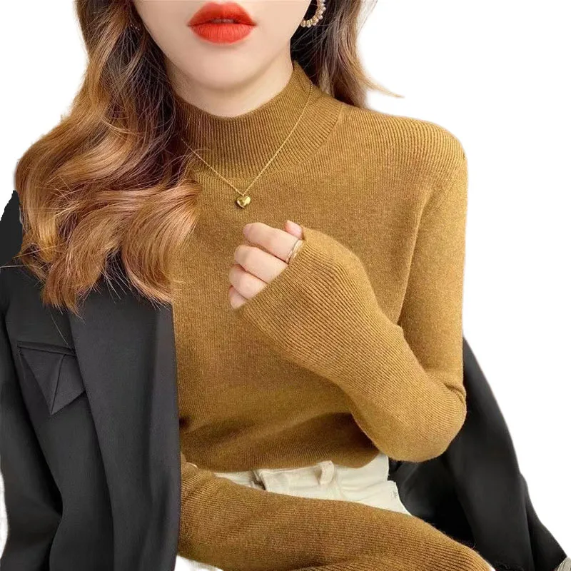 Fashion Half Turtleneck Pullover Sweater Elegant Long Sleeve Basic Knitted Tops Autumn Winter Jumper Women Clothes Sueter 23944