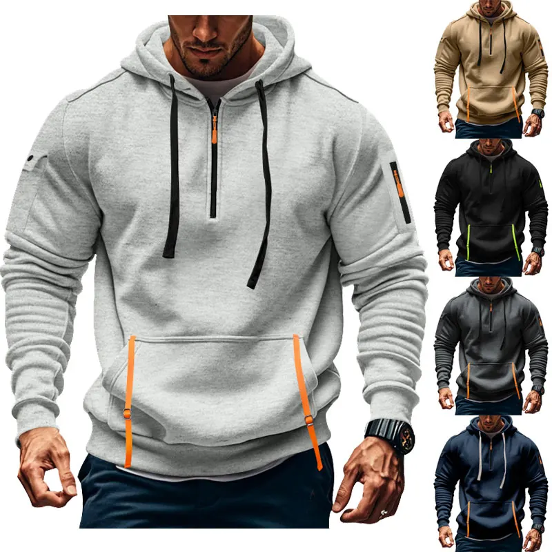 

2024 Autumn/Winter Trend Men's Hoodie Casual Sports Windproof Warm Plus Cashmere Solid Color Zipper Pocket Men's Clothing