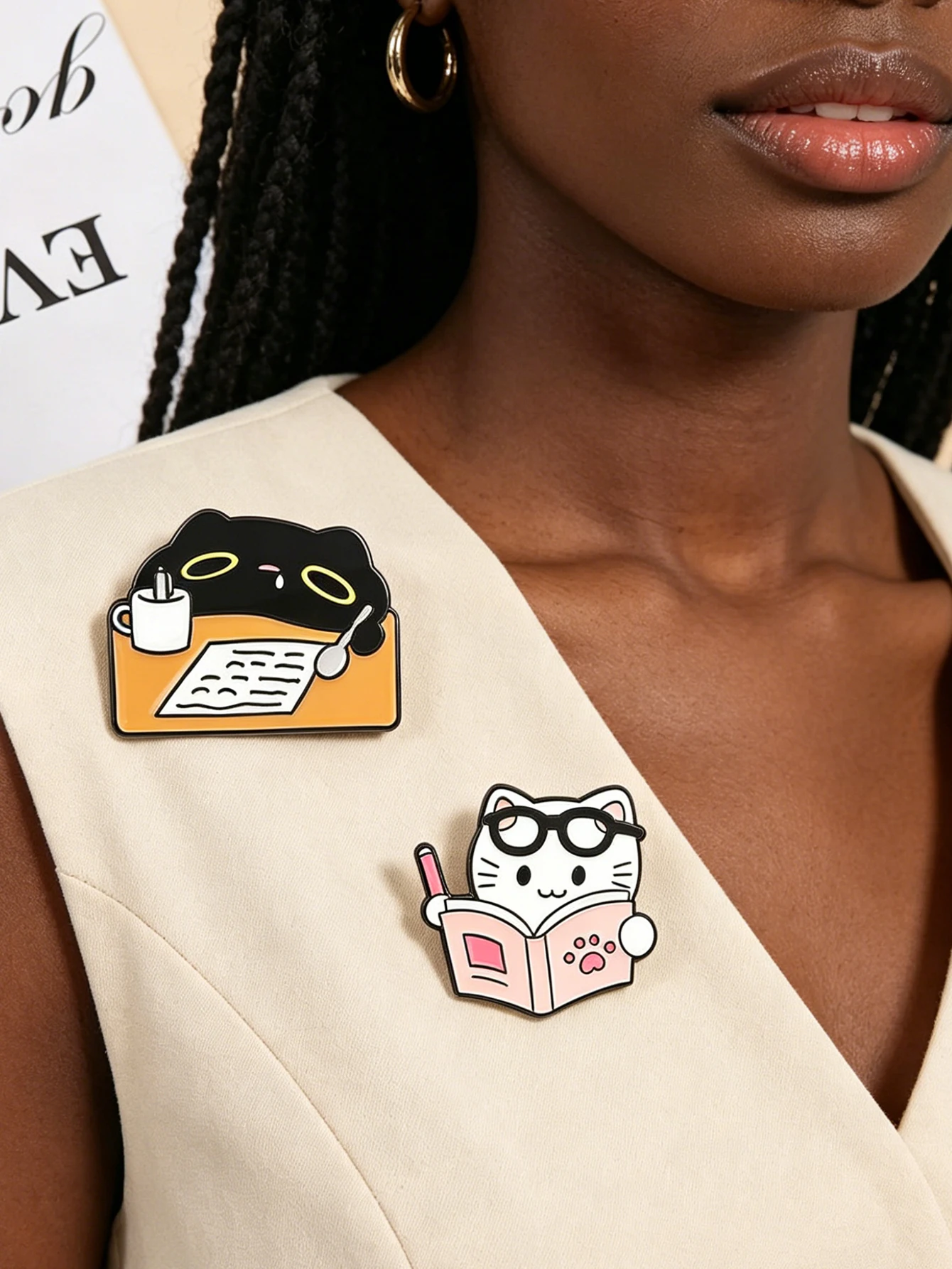 Two Styles Featuring a Hard-Working White Cat Reading a Book and a Tired Black Cat Lying down to Sleep, Suitable as Daily Accessories for Students and Procrastinators   Enamel Pin (Enamel Jewelry)