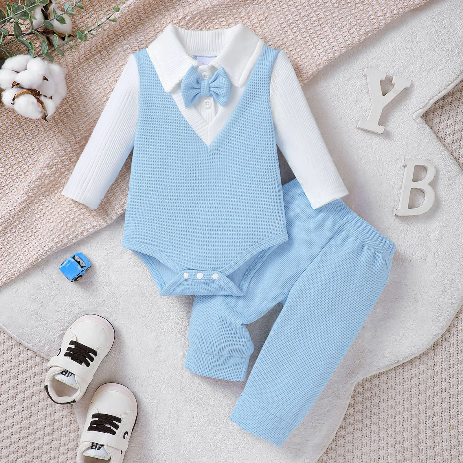 2Pcs Baby Boy Birthday Gentleman Outfit Fake Two Piece Romper with Bow Tie +Pants Newborn Infant Party Costume for 0-18 Months