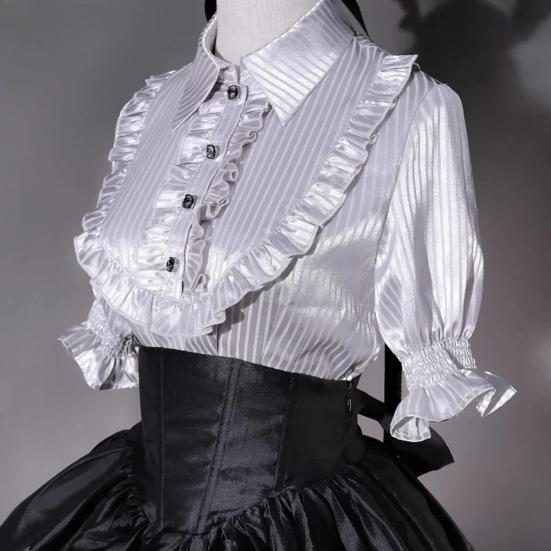 

Japanese Y2k Chic Ruffle Striped Tops Vintage Elegant Office Lady Sweet Puff Sleeve Shirts Victorian Gothic Lolita Blouses Women