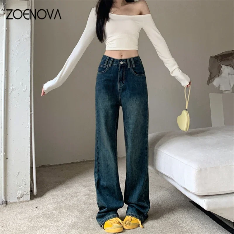 

ZOENOVA Harajuku Street Fashion Women's Pantalones Elegant Loose Straight Jeans Autumn New Retro Y2K Versatile Denim Trousers