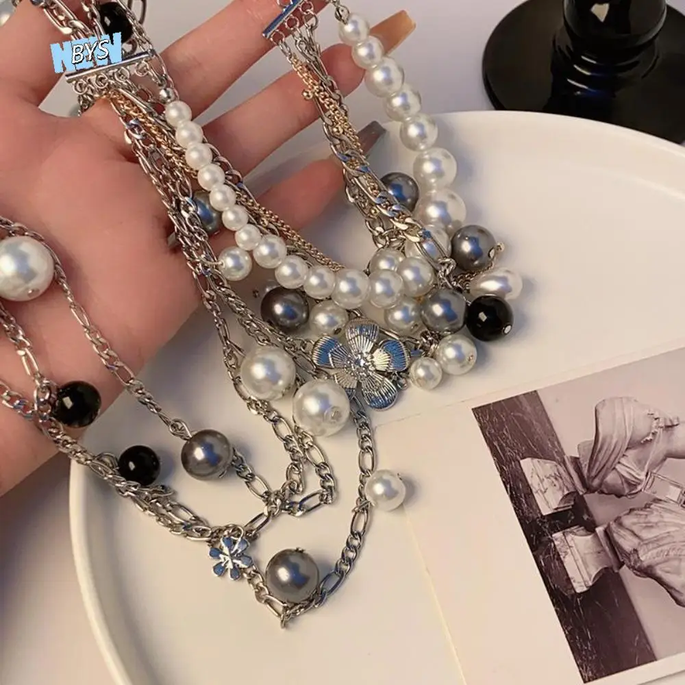 

Sweet Flowers Pendant Pearl Multilayer Necklace Charm Choker Clavicle Chain Women Neck Jewelry Bohemian Sweater Chain Girls