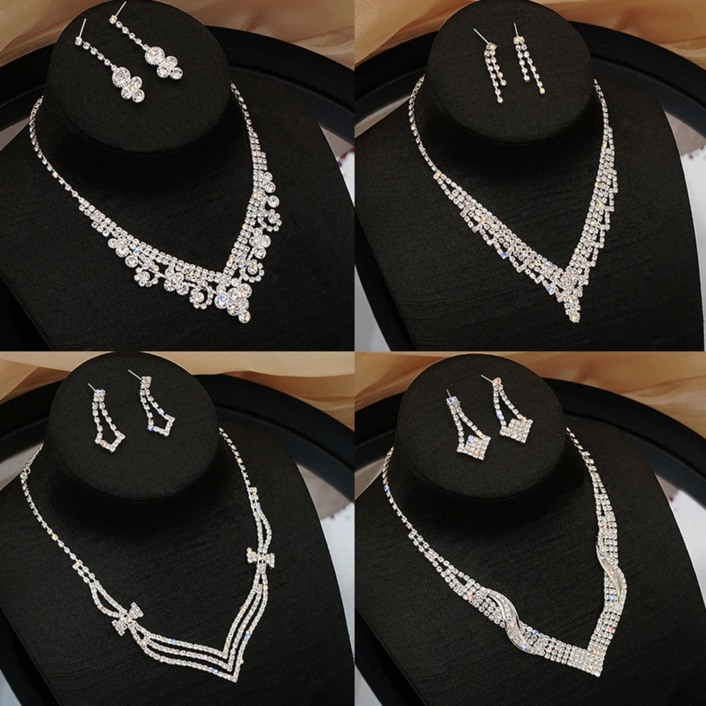 Fashion Waterdrop Rhinestone Pendant Full Crystal Silver Plated Necklace Earrings for Women Elegant Bridal Wedding Jewelry Set