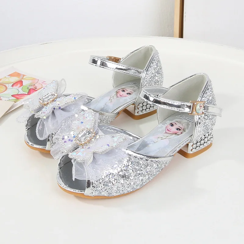 Disney Princess Butterfly Leather Shoes Frozen Elsa Kids Bowknot High Heel Children Girl Glitter Shoes Fashion Girls Party Shoe