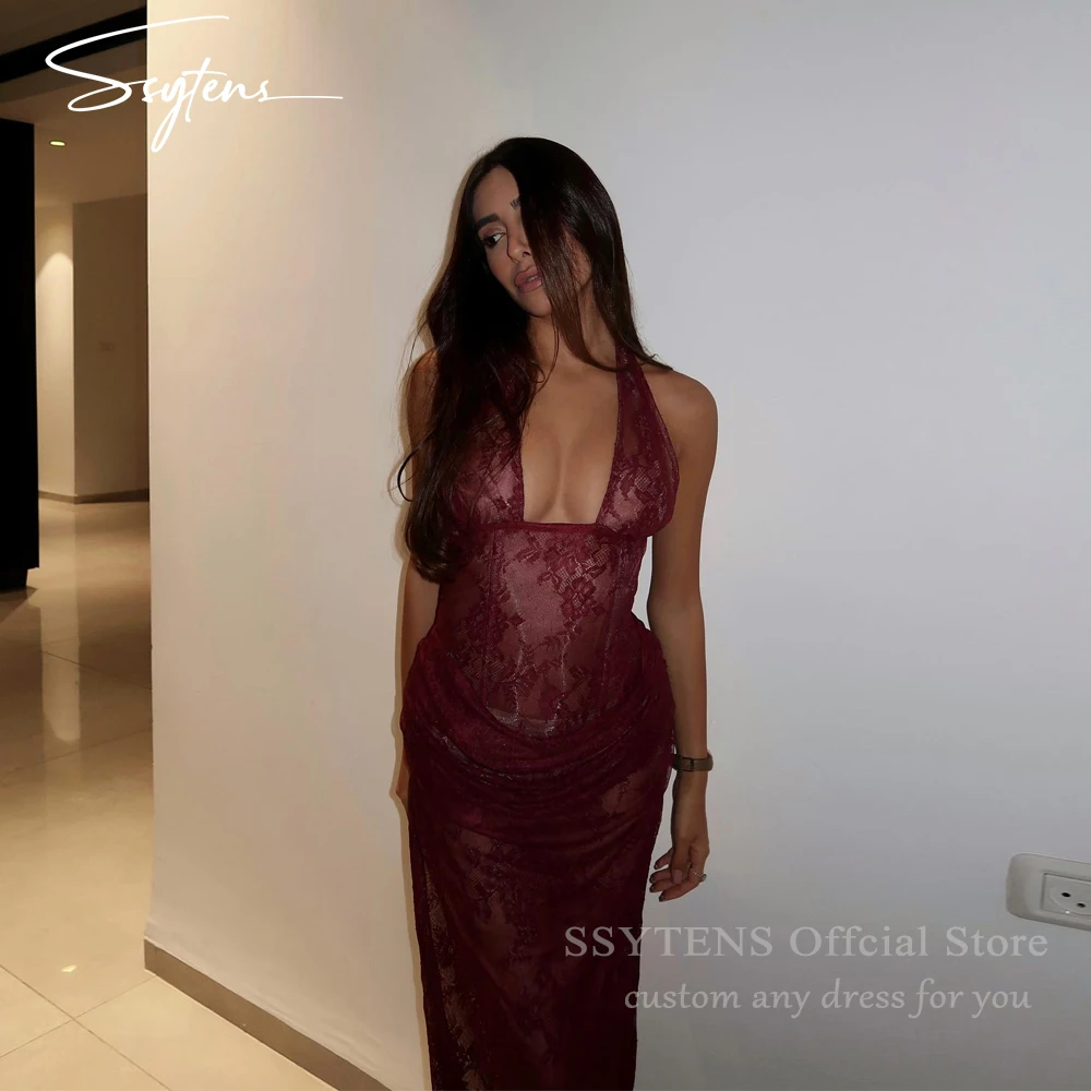 

SSYTENS Burgundy Lace Appliques Prom Dresses Mermaid Halter Neck Vestidos De Fiesta Elegantes Wedding Party Gowns Customized