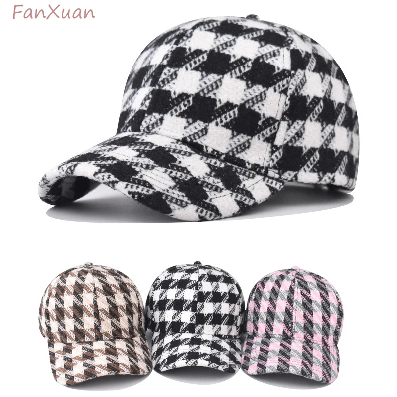 Verdikte Baseballpet Voor Vrouwen Herfst Winter Hoed Klassiek Plaid Zwart Roze Kaki Houndstooth Retro Britse Stijl Vrouwen Caps