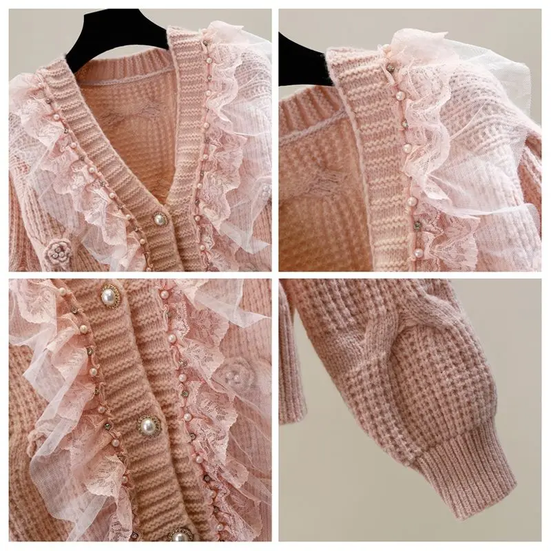 Korejpaa Zachte Vesten Vrouwen Mesh Verstoorde Patchwork Lange Mouw Top Koreaanse Mode 3D Bloem Elegante Trui Jas Femme