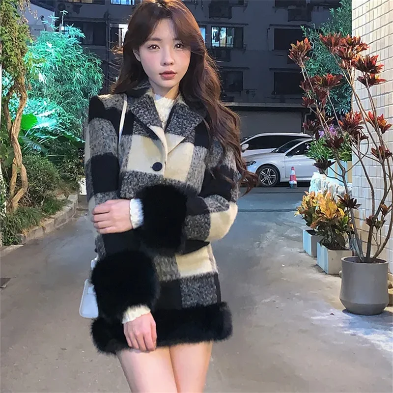 Retro Plaid Small Fragrant Woolen Coat Half Skirt Set Single Breasted Slimming Heavy Industry Sweet And Spicy Top Two-Piece Set