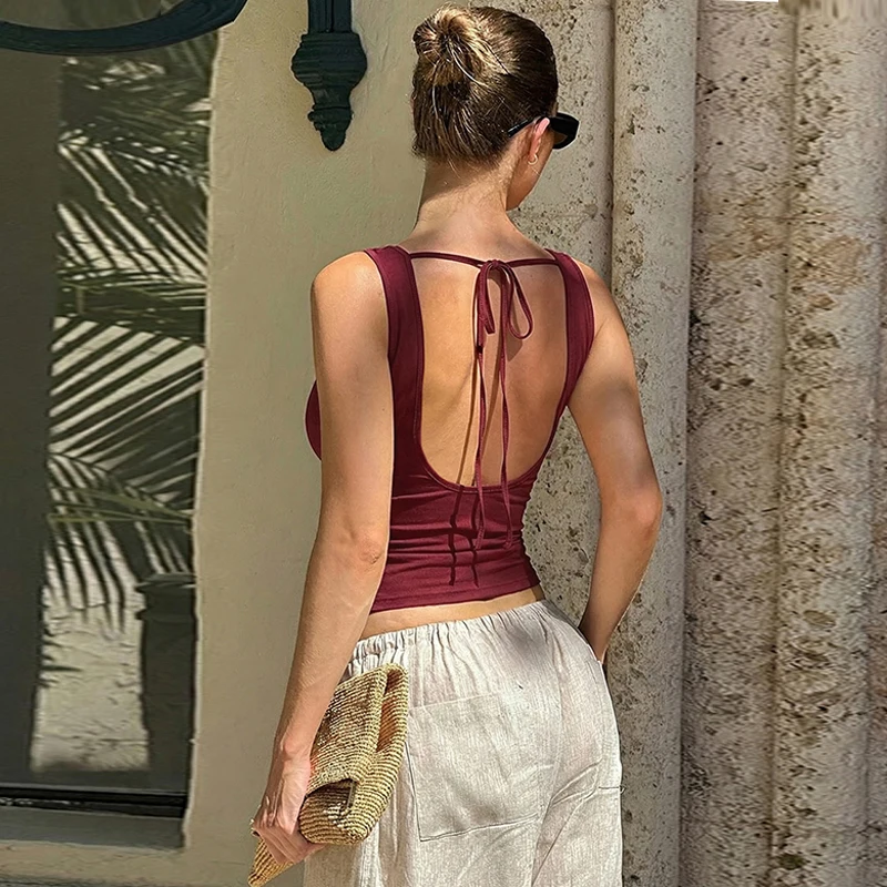 Hugcitar Swing-Kragen Einfarbiges Slip-Kleid Rückenfreies Schnür-Top Sexy Schlankes Crop-Top Frühling Sommer Damen Neue Mode Outfit Urlaub Club – Detail 18