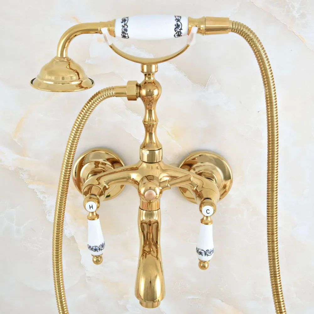 Polished Gold Color Brass Bathroom Wall Mounted Clawfoot Tub Faucet Taps Set With Hand Held Shower Head Spray mna818