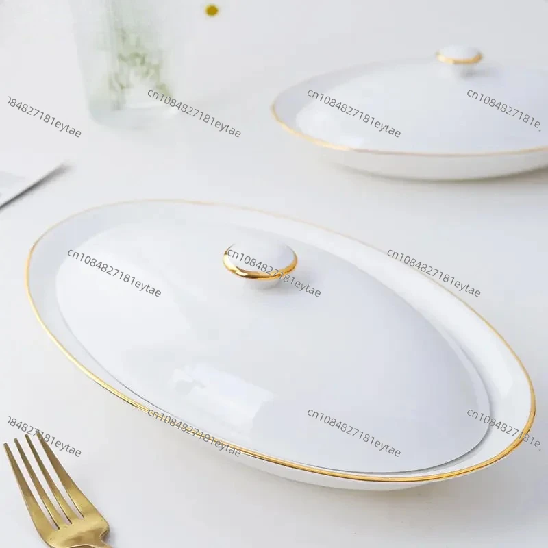 Steamed Fish Plate Oval Plate Abalone Juice Dish Sea Cucumber Plate Ceramic Dinnerware with Lid Hotel Restaurant Dishes