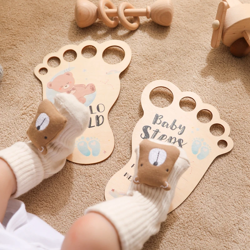 Baby Photography Accessories Footprint Wooden Milestone Card Newborn Growth Commemoration Props Hello World photography Props