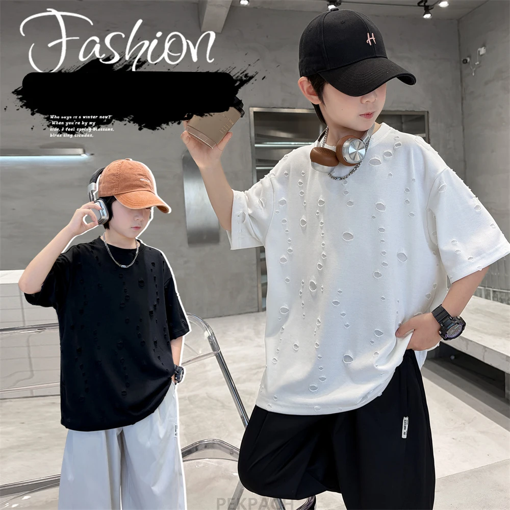 New Kids Designer Summer Short Sleeve Cotton Ripped T-shirt for Boys Solid Black White Cut-Out Tshirt Kids Fashion Hole Tee Tops