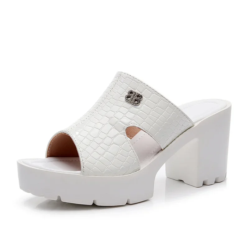 43 Summer Patent Leather Heeled Slippers Ladies Shoes for Women Sandals Peep Toe Outside Women's Slipper Female Platform Sandals