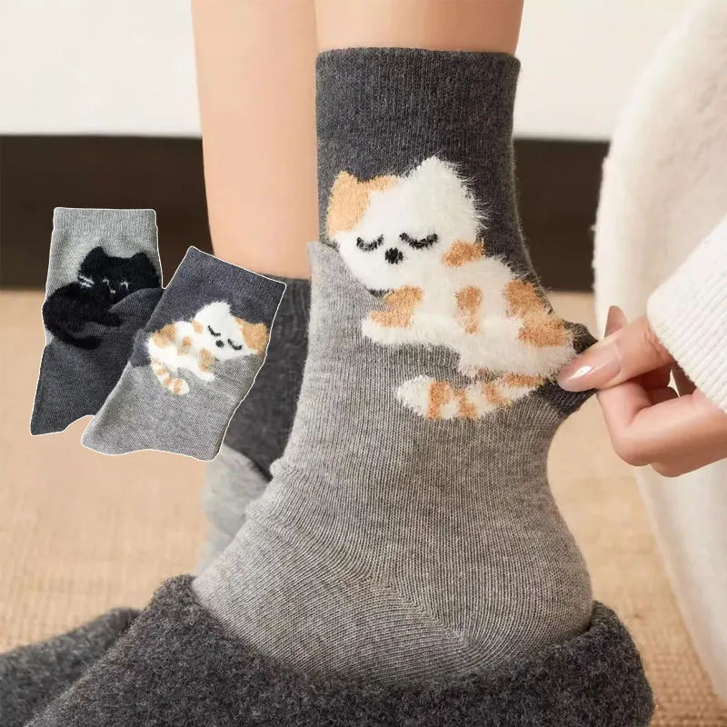 1-10Pairs Cartoon Flocked Cute Cat Mid-calf Socks for Women Autumn and Winter Ins Trendy Soft Boneless Casual Breathable Socks