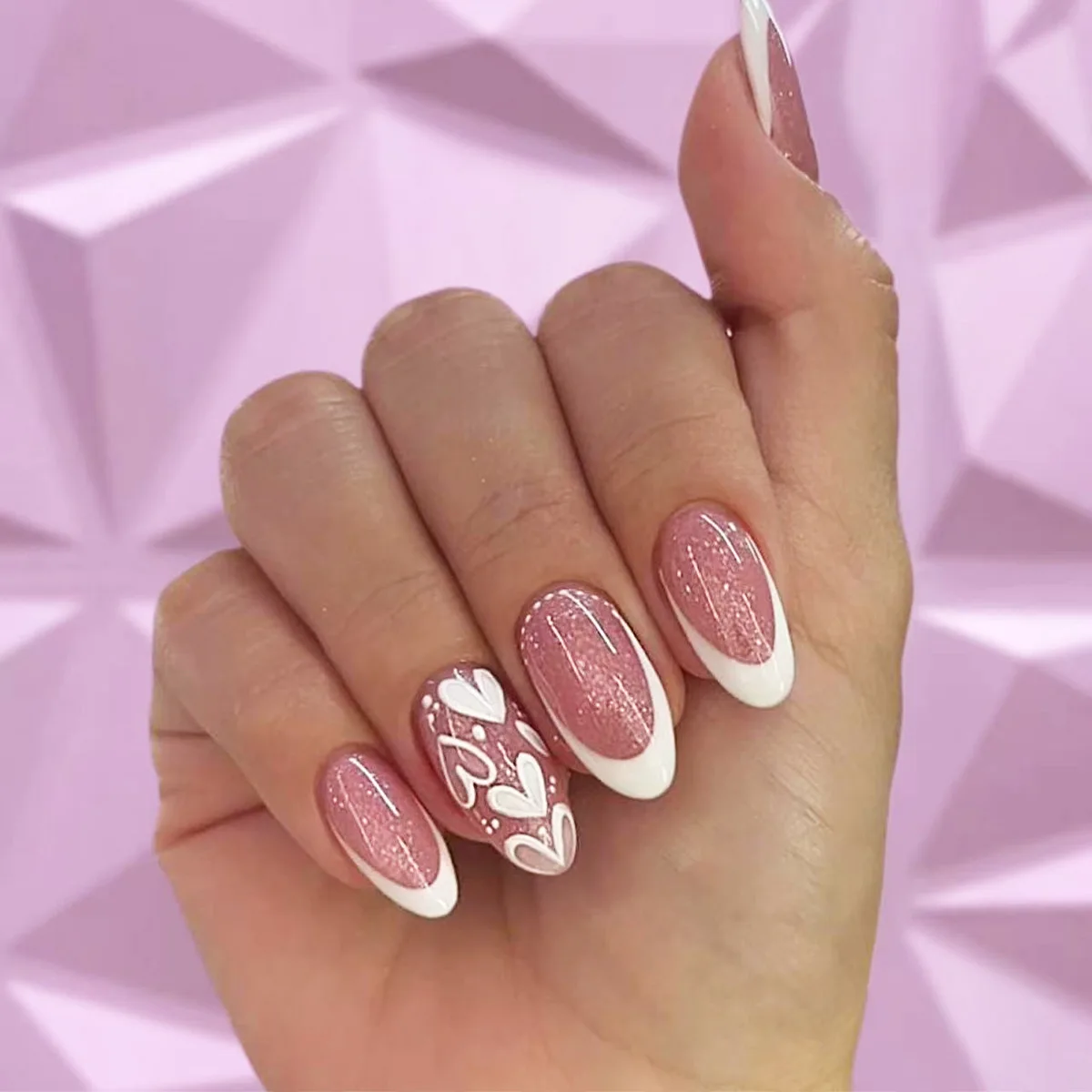 

24PCS Pink Cat Eye Press on Nails Medium Almond with Ombre Heart French Design Fake Nails Sweet Cool Style Crystal False Nails