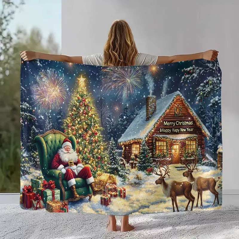 Merry Christmas Tree Santa Claus Fairy Tale Kid Gift Soft Flannel Throw Blanket,Cozy Blanket for Bed,Sofa,Living Room,Home Decor