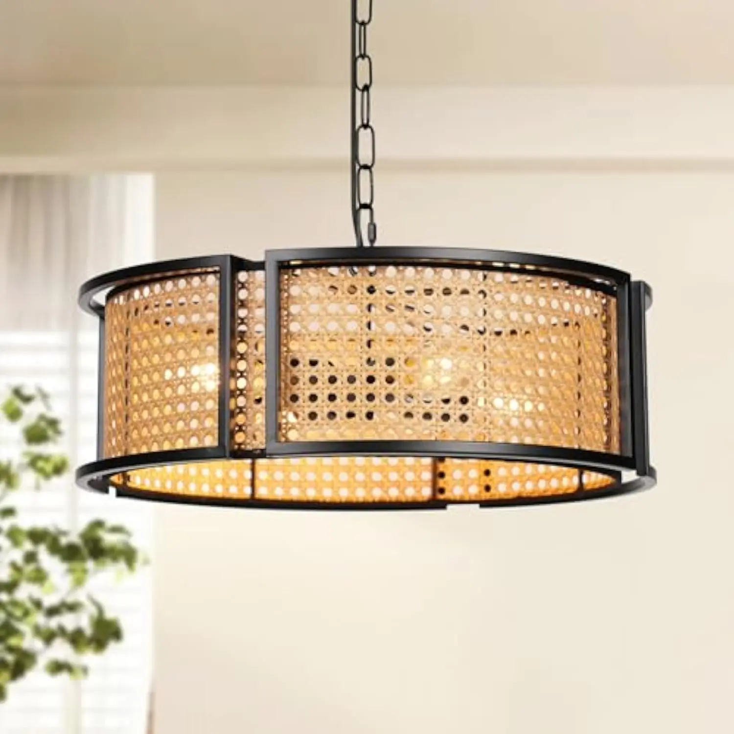 

17.7 Farmhouse Rattan Chandelier, 4-Light Large Bohemian Pendant Hanging Light Fixture, Hand Woven Boho Chandelier for Dining R