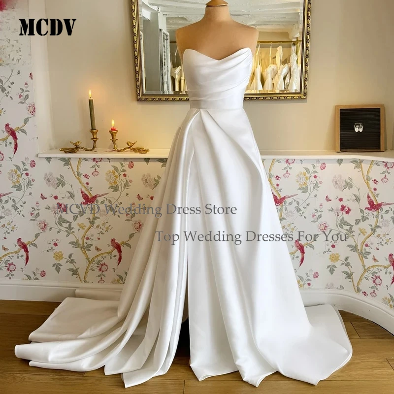 

Croatia Trumpet Satin Sweetheart Wedding Dresses For Women Slit Pleated Appliques Goddess Bride Robe De Mariee Customized