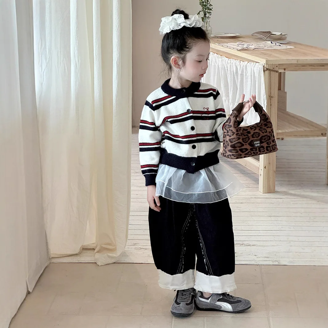 

Girls Autumn American Color Blocked Striped Jacquard Dog Round Neck Knitted Cardigan Children Sweater Jacket