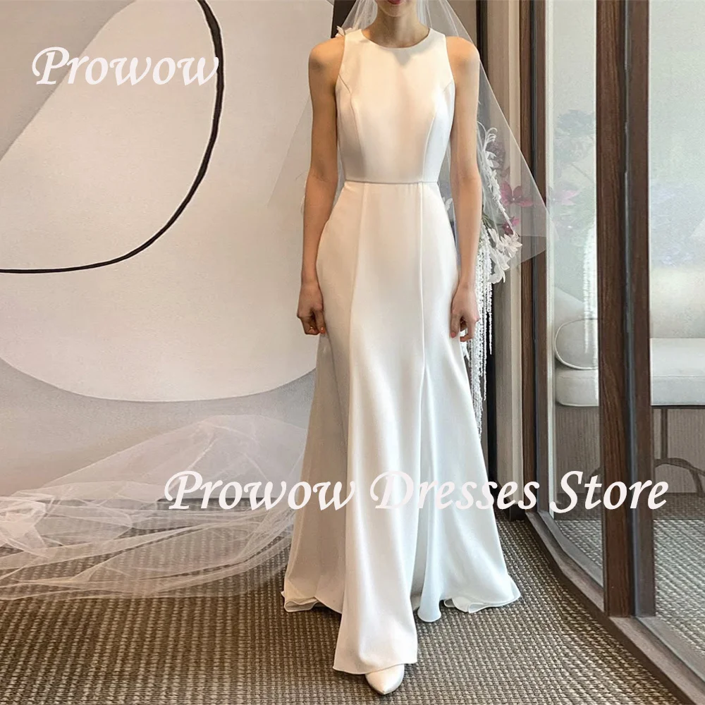 

Prowow Simple Mermaid Wedding Dress O Neck Ivory Bridal Gown Floor Length Stretchy Sleeveless 2025 Women Customized