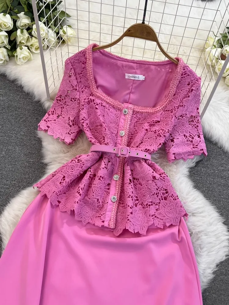 Runway Summer Pink Hollow Out Lace Patchwork Short Sleeve Dress Elegant Women Square Collar Fake Two-Piece Belt Midi Vestidos