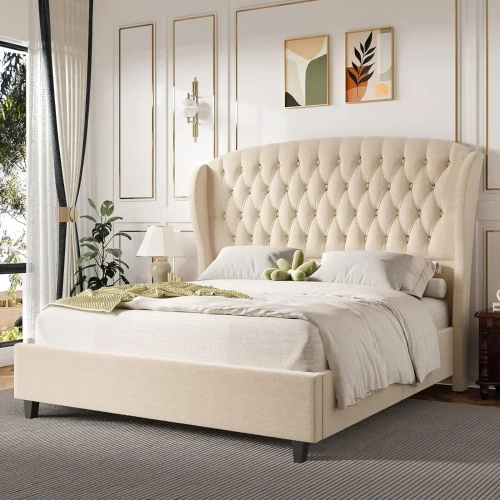 Queen Size Bed Frame with Wingback Platform, Tufted and Headboard Tall Linen Beds Frames/No Box Spring Needed, Bed Frame