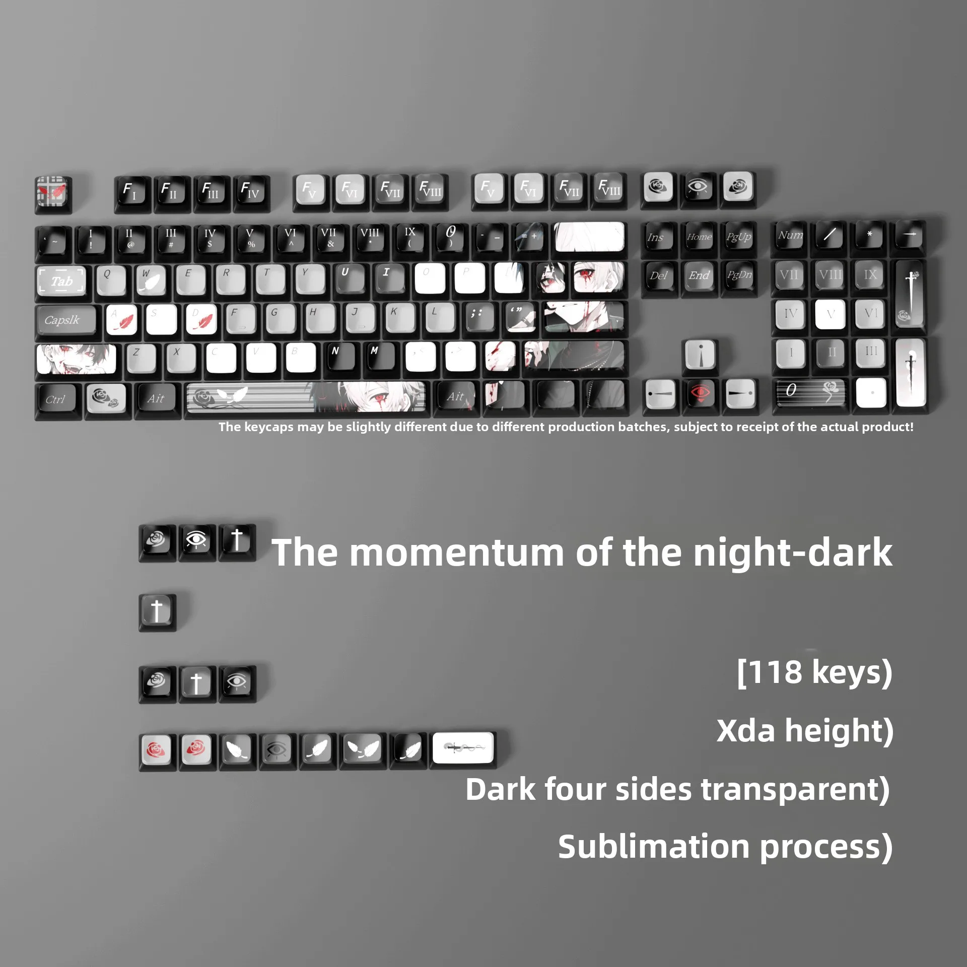 

Dark Night Scarlet Fantasy - Black Keycaps - 118-Keys Full Set Sublimation PBT Keycaps, Universal for Mechanical Keyboards