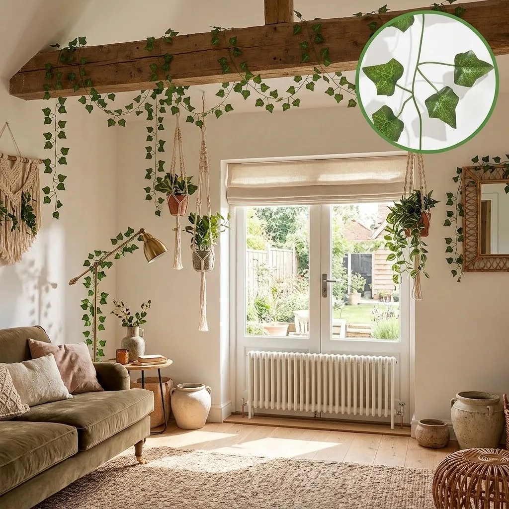 Fake Foliage Flowers 6pcs Strands Artificial Ivy Leaf Plants Vine Hanging Garland Green Decor Home Kitchen Garden Office Wall