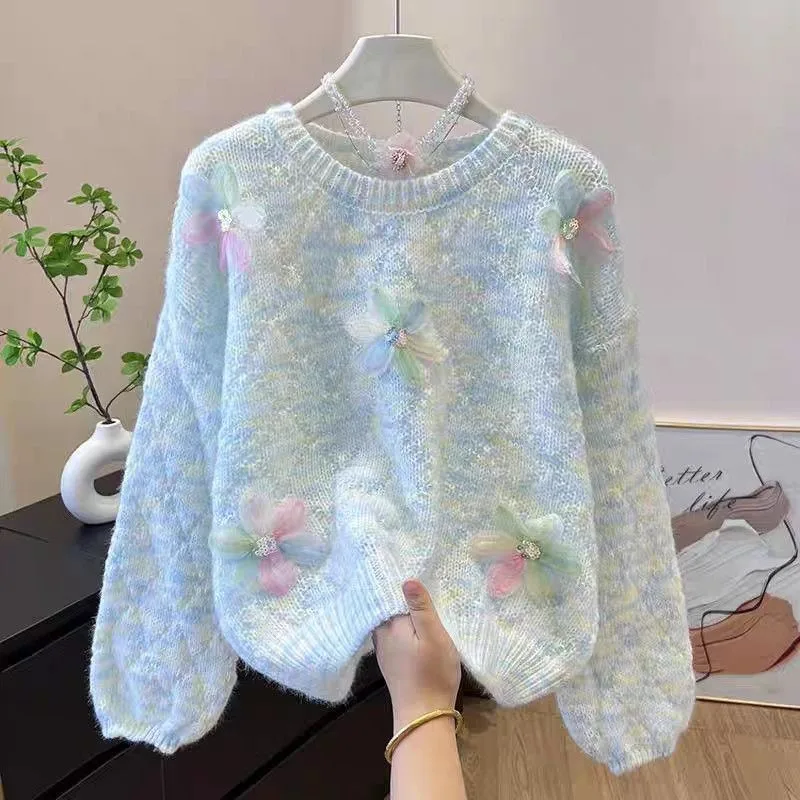 

Gentle Style Colorful Three-dimensional Flower Sweater Women's Autumn Winter New Loose Fashion Round Neck Sweater Top