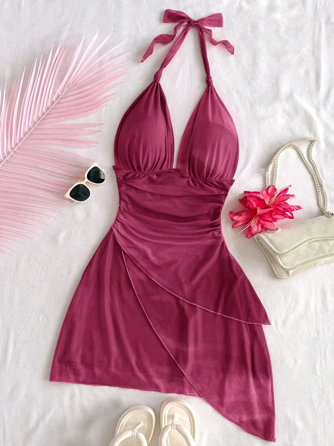 2025 تصميم الأزياء الشعور الشيفون بلا أكمام مثير ضيق عميق الخامس فستان قصير مثير نقي عارية الذراعين #3