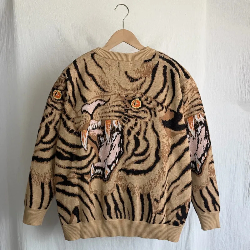 HKSH Spring Autumn New Men Tide Punk Chic Ins Vintage Jacquard Tiger Pattern Knitted V-Neck Sweater Cardigan Y2K Jacket HK21077