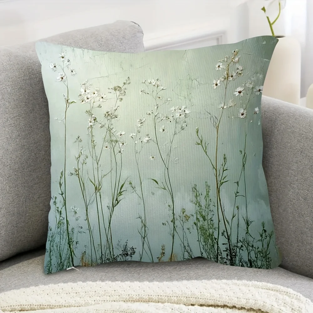 Double Sided Vintage Wildflower Pillow Cover Rustic Green Meadow Grass Print Soft Boho Throw Pillow Case for Home Decor