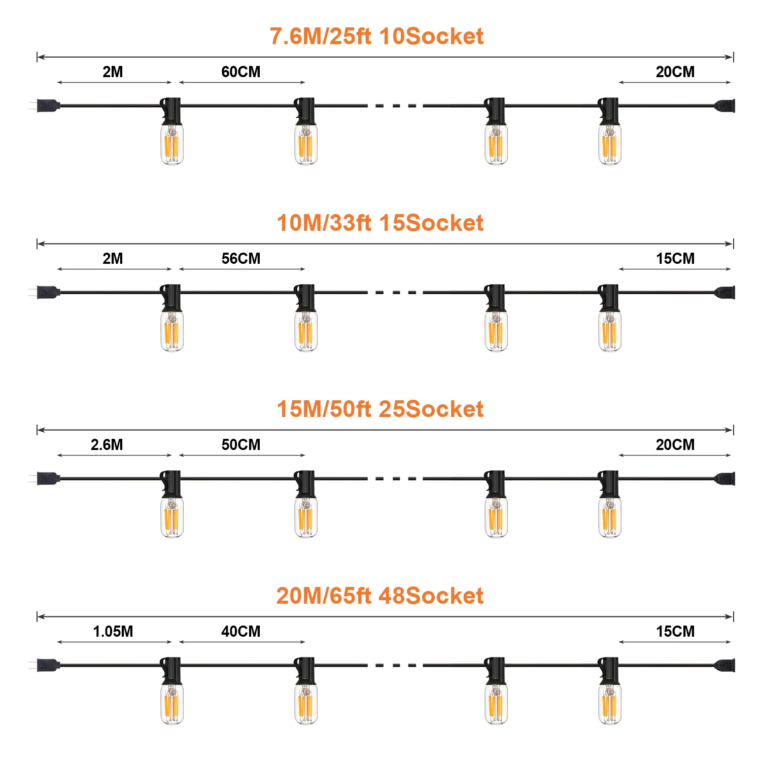 65FT Waterproof String Light IP45 Connectable Led Replacement Bulb T20 2W E12 Base EU Plug US Plug Outdoor Garden Garland Lights