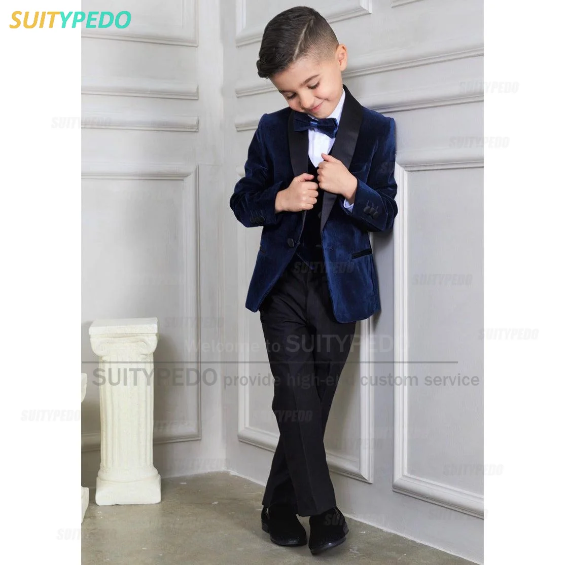 Fashion Navy Blue Velvet Boy's Suit Set Children Graduation Ceremony Host Costume Formal Occasion Custom Jacket Veat And Pants